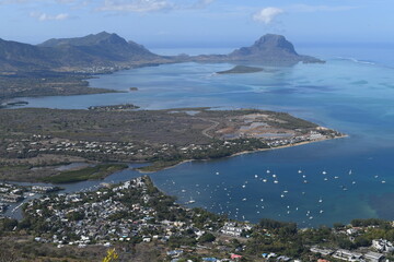 Picture of the West Coast of Mauritius Island with the famous Morne Brabant hill in background.