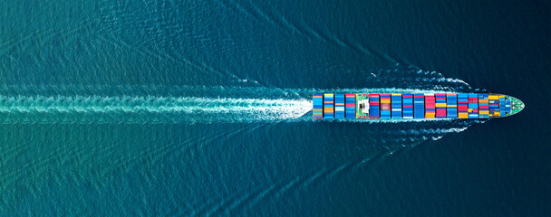 Cargo container Ship, cargo maritime ship with contrail in the ocean ship carrying container and running for export  concept technology freight shipping sea freight by Express Ship. top view - obrazy, fototapety, plakaty
