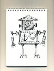 Robot character is drawn in a sketchbook. Robot rescuer in cartoon style.