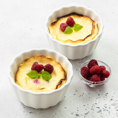 Cottage cheese berry bake. Top view, copy space, flat lay.
