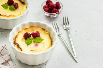 Cottage cheese yogurt berry bake. Top view, copy space, flat lay.