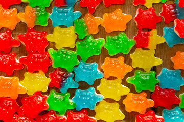 The texture of chewing marmalade, in the form of colored turtles, laid out in rows