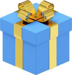 Realistic blue gift box with ribbon. 3D rendering. PNG Icon on transparent background.