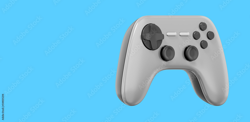 Poster realistic console game controller. gray icon on blue background with space for text. 3d rendering.