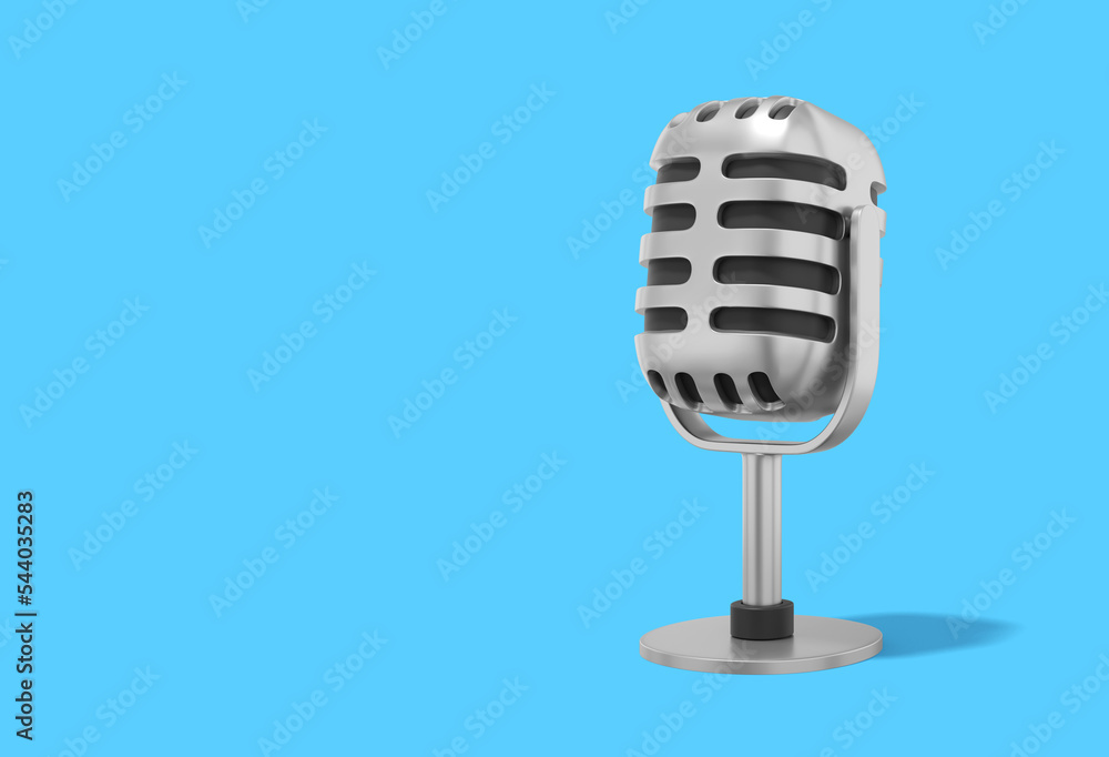 Poster retro microphone. minimalist cartoon. silver icon on blue background with space for text. 3d renderi