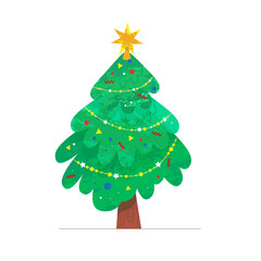 Christmas tree with gift boxes. Decoration geometry shapes and light bulb chain decorated christmas tree. Happy New Year. Winter holidays. Flat style