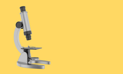 Realistic gray microscope. 3D rendering. Icon on yellow background, text space.