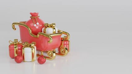 Christmas background with Santa's sleigh, gift and christmas ball. 3d rendering