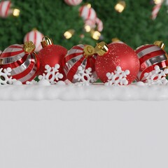 Christmas background with christmas balls, snowflakes, and christmas tree. 3d rendering