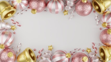 Naklejka na ściany i meble Christmas background with christmas tree, bell, confetti and christmas balls. 3d rendering