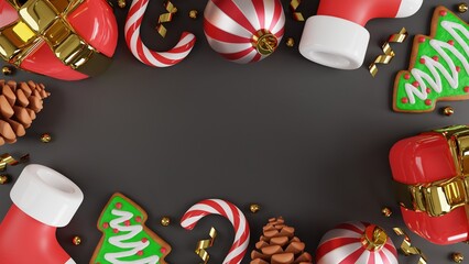 Christmas background with christmas candy, gift, confetti, christmas balls, 
gingerbread, and pine cone . 3d rendering