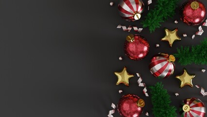 Christmas background with christmas branch, confetti, stars and christmas balls. 3d rendering