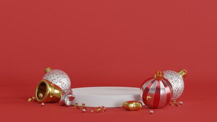 Christmas background with podium,  bell, stars and christmas balls. 3d rendering
