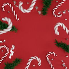 Christmas background with christmas candy and christmas branch. 3d rendering
