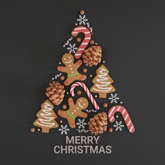 Christmas background with christmas candy, pine cone, gingerbread and snowflake. 3d Rendering