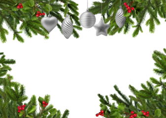 Natural green Christmas tree branches framery with red hawthorn berries and silver decoration balls, blank copyspace isolated