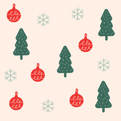 Pine tree, christmas ball and snowflake.Colorful Christmas trees. Seamless pattern. Hand drawn vector illustration. Good for Christmas and New Year themed posters, prints, stationary and other paper