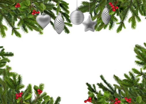 Natural green Christmas tree branches framery with red hawthorn berries and silver decoration balls, blank copyspace isolated