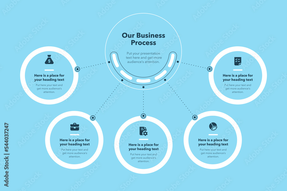 Aufkleber Simple business process template with five steps - blue version. Easy to use for your website or presentation.