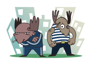 Moose hooligans, impudent deer. Funny vector illustration