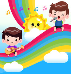 Cute Boy Playing Guitar and Singing Duet On The Rainbow