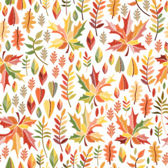 Embroidery seamless pattern with colorful autumn leaves on white background