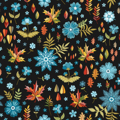 Colorful seamless pattern with embroidered flowers and leaves on black background