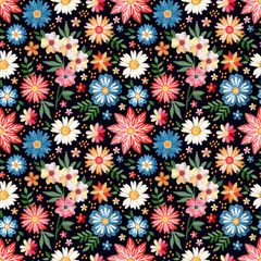 Colorful embroidery pattern with flowers. Seamless vector design. Fashion print for fabric.