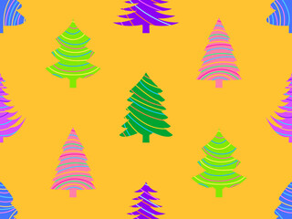 Obraz premium Christmas trees with striped pattern seamless pattern. Merry Christmas and Happy New Year. Christmas trees on an orange background. Festive design for wallpapers and banners. Vector illustration