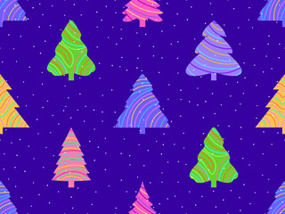 Obraz premium Christmas seamless pattern with fir trees and falling snow. Merry Christmas and Happy New Year. Christmas trees with a striped pattern. Festive design for wallpapers and banners. Vector illustration