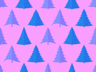 Obraz premium Seamless pattern with Christmas trees in a flat style. Blue Christmas trees on a purple background. Falling snowflakes. Festive design for wallpapers and banners. Vector illustration