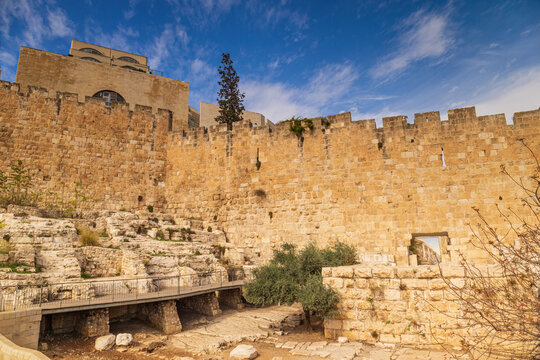 Archaeological site at the city wall surrounding the old town of Jerusalem, Israel