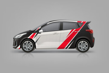 Branding  Company Car mockup for corporate identity design. Abstract Red and black graphics on corporate vehicle. Side view car mockup. Editable vector layout
