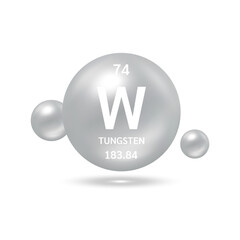 Tungsten molecule models silver and chemical formulas scientific element. Natural gas. Ecology and biochemistry concept. Isolated spheres on white background. 3D Vector Illustration.
