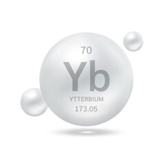 Ytterbium molecule models silver and chemical formulas scientific element. Natural gas. Ecology and biochemistry concept. Isolated spheres on white background. 3D Vector Illustration.