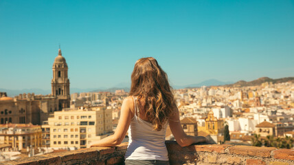 Malaga- Woman standing on the balcony, looking at panoramic cityscape view- Andalusia, Spain