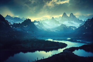 Fototapeta na wymiar Breathtaking nature mountain landscape, 3d illustration