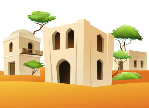 Arab clay double decker hut. Middle Eastern adobe dwelling. Africa and Asia traditional house. Isolated on white background Vector.
