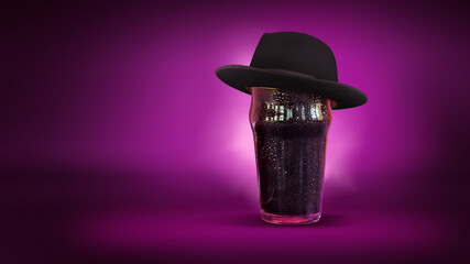 Gentleman. Glass of dark beer wearing black hat isolated over dark purple neon background. Concept...