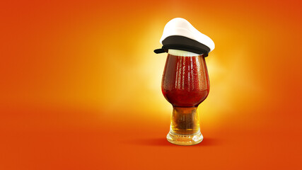 Seaman. Full glass of frothy dark beer wearing sailor cap isolated over gradient orange background...