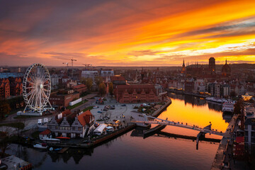 Beautiful Gdansk city over the Motlawa river at sunset. Poland