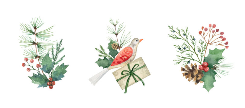 A set of watercolor vector bouquets with a fir branch, bird, holly and gifts.