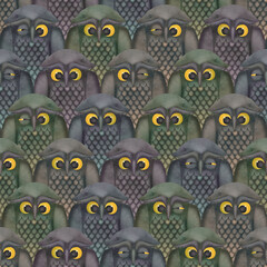 Cartoon owls seamless textural pattern Watercolor funny birds illustration Illustrated animal dark background Cute owl print