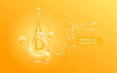 Serum skincare transparent water drops vitamin D orange and structure. Moisturizer collagen with molecule glittering and bubbles hyaluronic acid. For ad for beauty cosmetics. Realistic 3d vector.