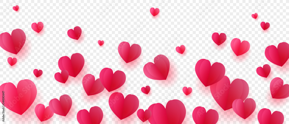 Poster many falling abstract hearts with shadows on transparent background
