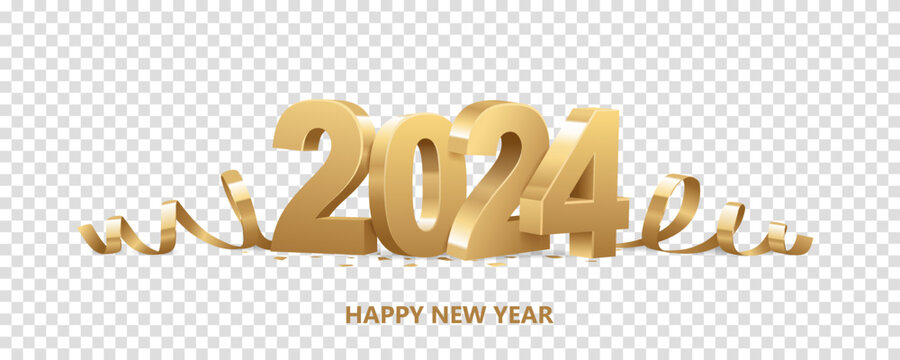 Happy New Year 2024. Golden 3D Numbers With Ribbons And Confetti , Isolated On Transparent Background.