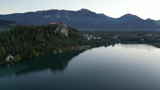 Autumn on Lake Bled looking towards Bled Castle. Shot on DJI.