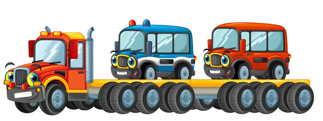 funny cartoon tow truck driver with cars trucks