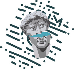 Illustration of the destroyed head of David. The marble bust is broken in half, and bright colors of art come out of it abstract background stripes are visible behind Modern interpretation of classics