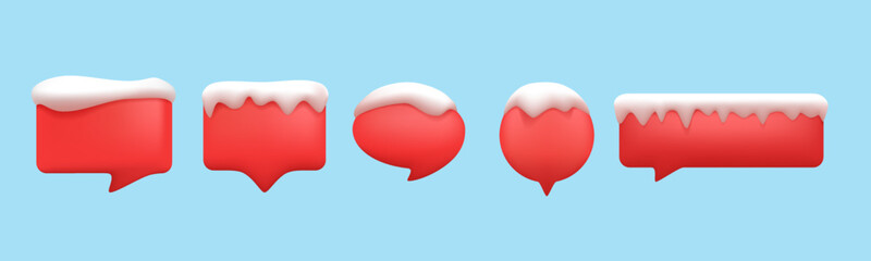 3D Speech bubble, red colored winter icons, covered with snow caps, isolated on blue background. 3D chat icon set.